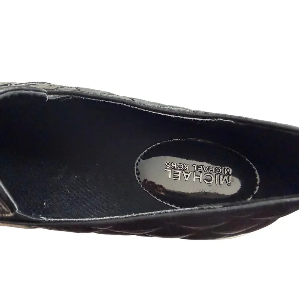 Michael Kors Black Leather Slip on Sneakers Quilted MK Logo Platform 8M